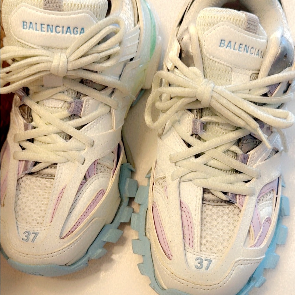 Balenciaga Off-White and Pastel Blue and Purple Sneakers